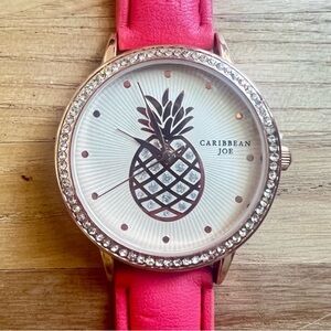 Caribbean Joe ladies pineapple pink strap fashion watch NEW BATTERY